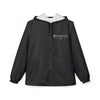 Windbreaker Jacket — Minimal Black Hooded Windbreaker with Subtle 'Jetstream' Logo