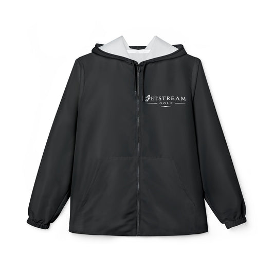 Windbreaker Jacket — Minimal Black Hooded Windbreaker with Subtle 'Jetstream' Logo